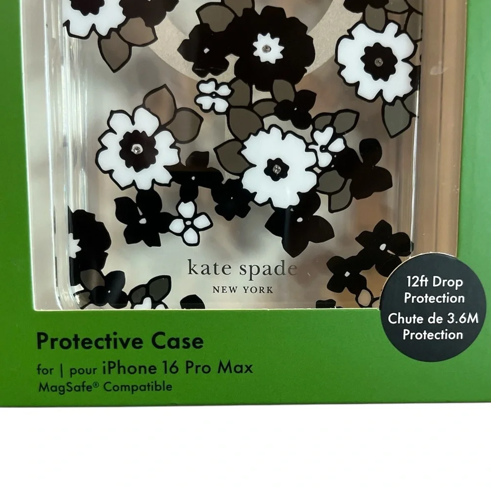 KATE SPADE PROTECTIVE PHONE CASE iPhone 16 Pro Max. Black, white, gray flowers